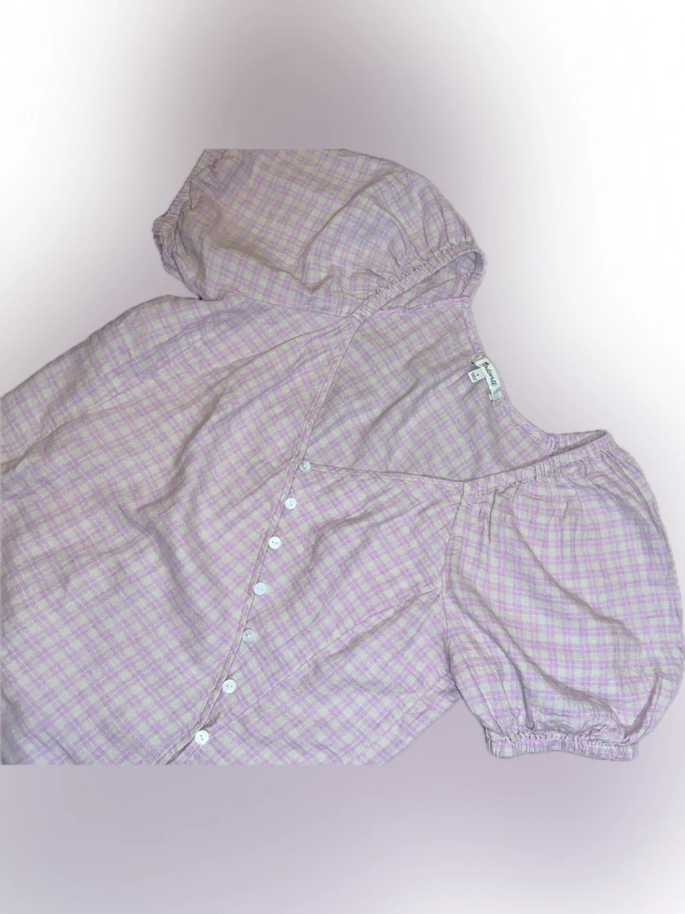 Madewell Tan Pink Gingham Puff-Sleeve Linen Blend Button Wrap Cottagecore Top S